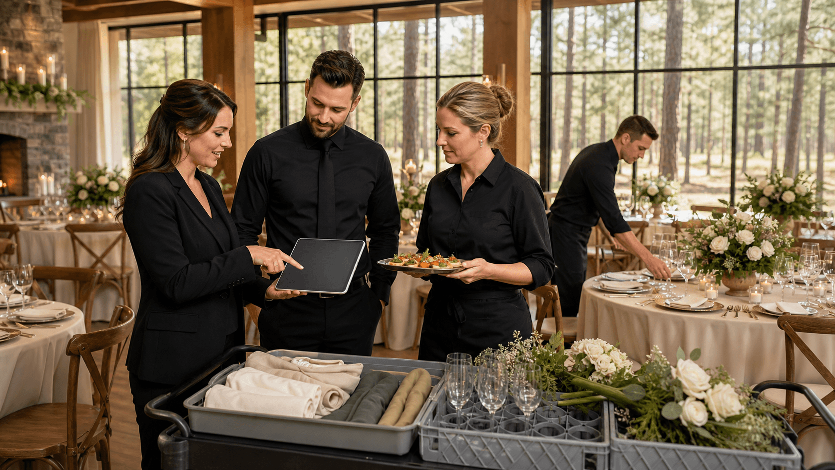 Flat lay of a wedding checklist on a clipboard with gold rings, white roses, and a beige table setting in soft light