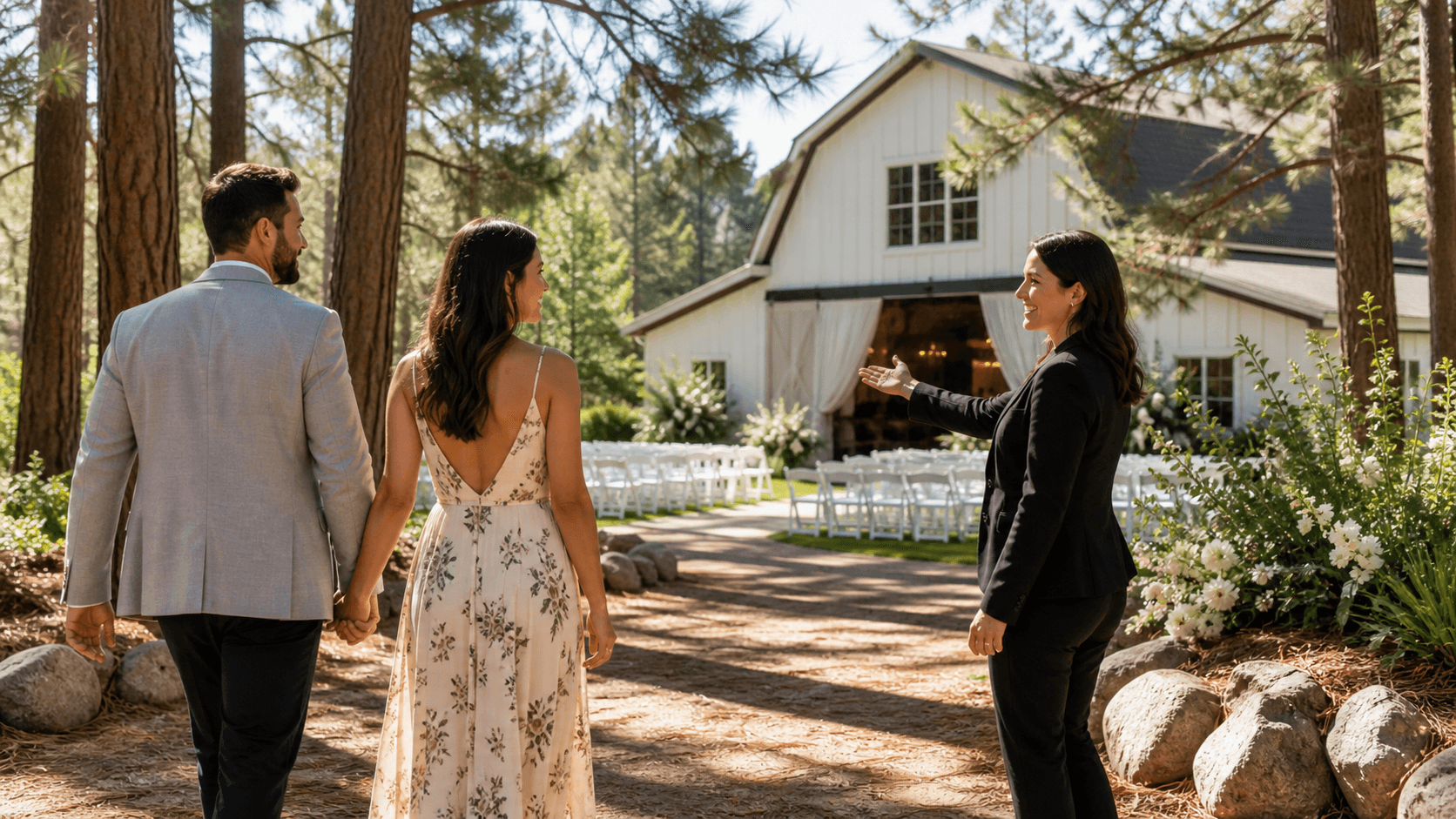 Sunlit rustic barn with white drapery, wooden tables, and wildflower arrangements set for a wedding