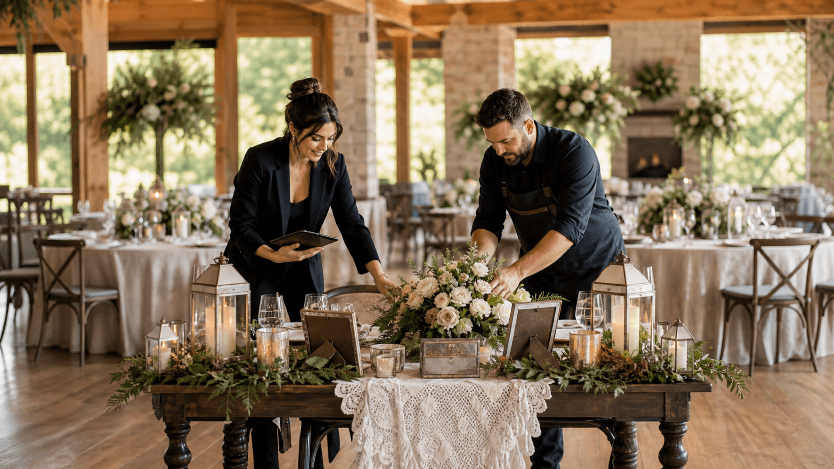 Sunlit wedding venue with white draped arches, pastel floral arrangements, and candlelit tables in a warm, airy hall