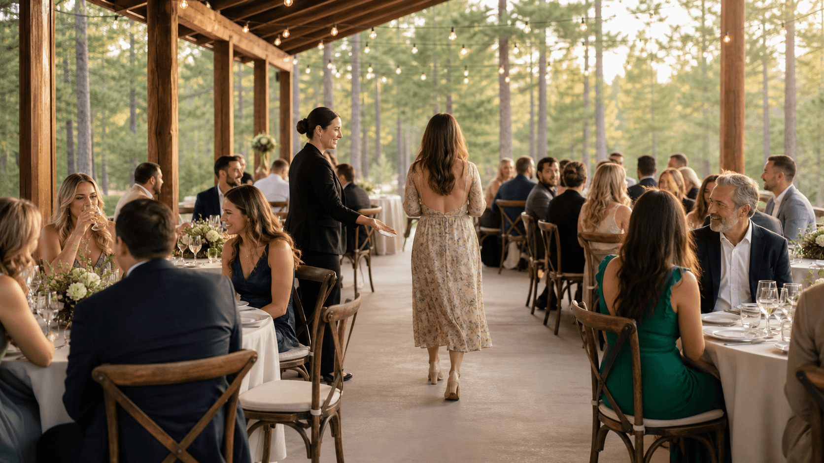 Sunlit wedding table with mixed seating, soft floral centerpieces, and warm neutral place settings.