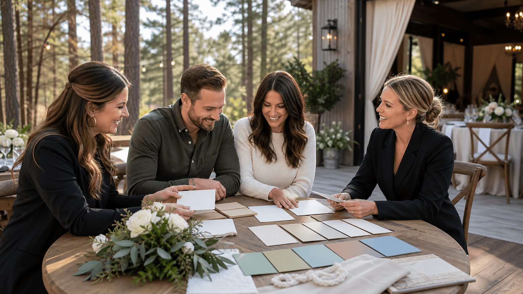 Sunlit rustic lodge tables set for a wedding weekend, framed by trees and soft white florals.