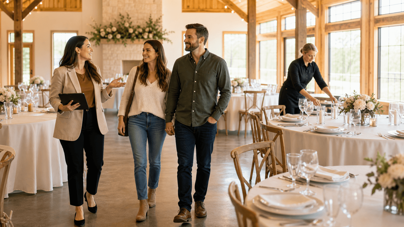 Golden-lit rustic venue interior with long wooden table, white linens, floral centerpiece, and empty chairs near windows