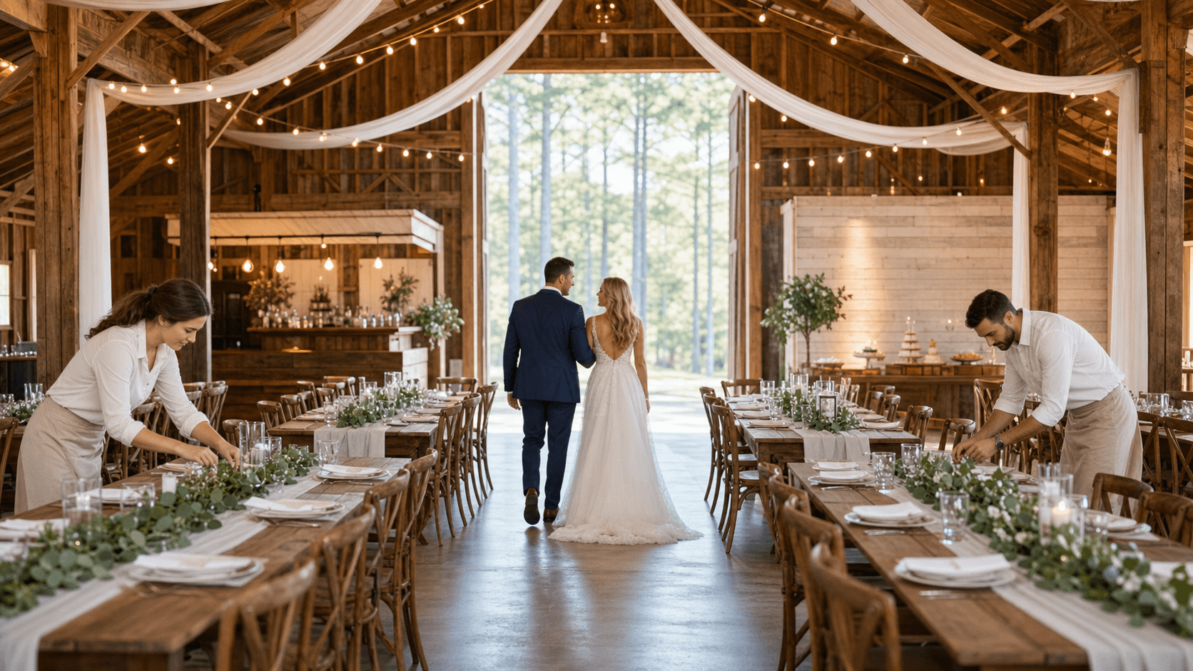 Sunlit rustic barn wedding venue with wooden beams, white chairs, floral arch, and warm string lights overhead