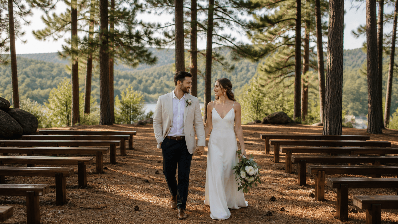 Sunlit rustic wedding venue with white chairs, greenery, and soft mountain views in the background