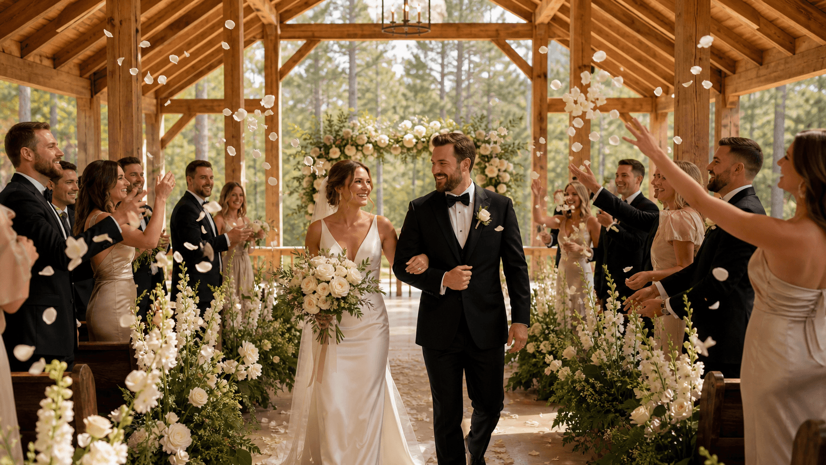 Rustic barn wedding venue glowing at sunset with white chairs, string lights, and autumn flowers