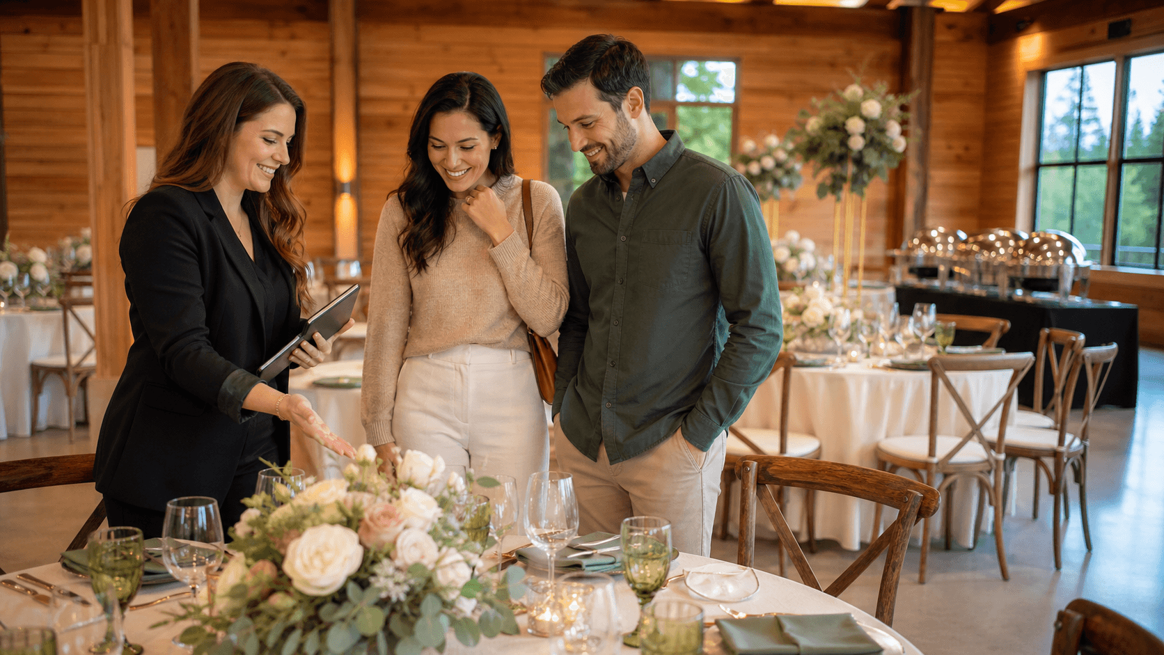 Elegant outdoor wedding venue with white chairs, floral arch, and warm sunset lighting beside a modern reception space