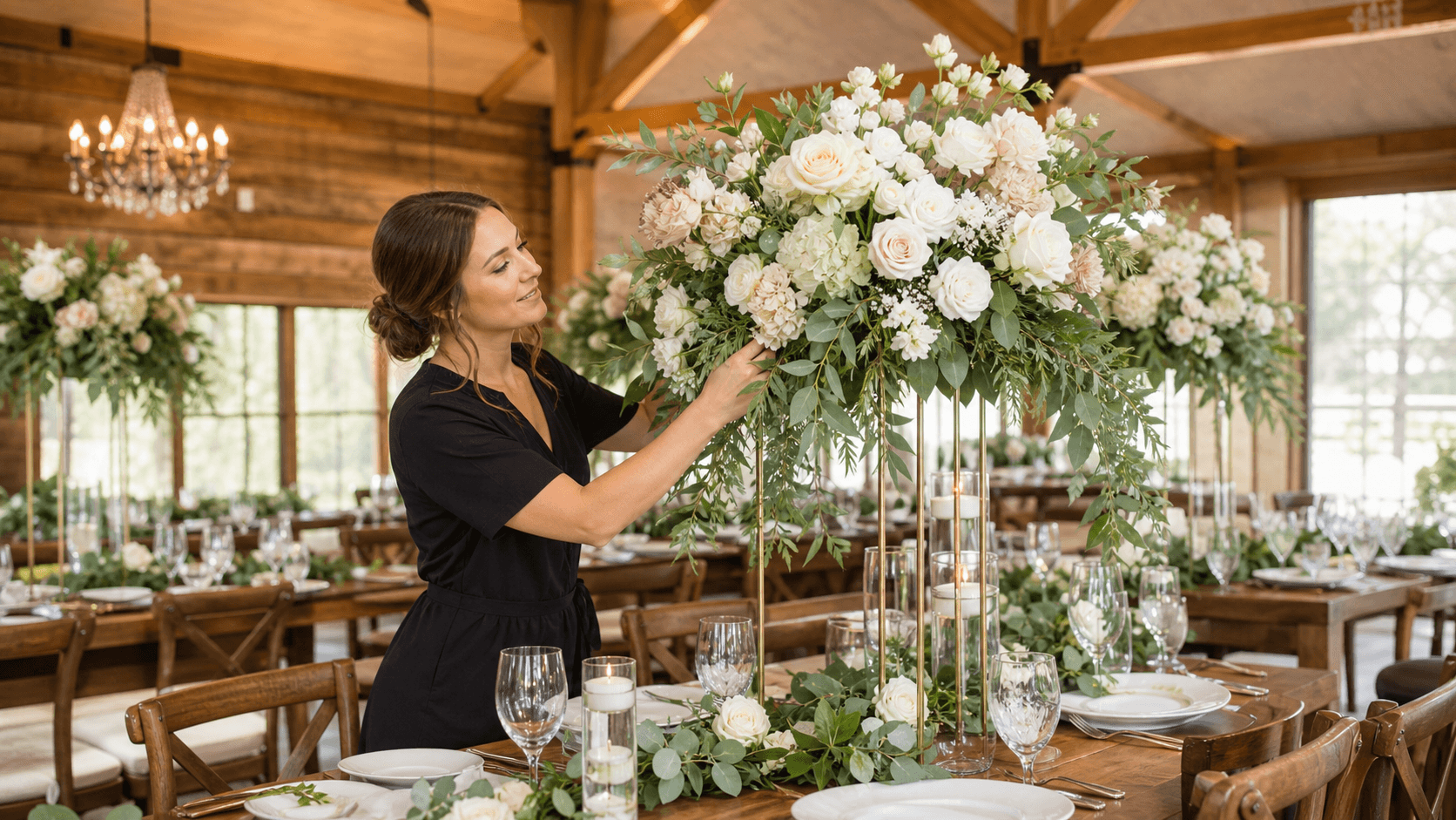Elegant wedding tables with white linens, blush roses, greenery, and warm candlelight beneath soft draped lights.