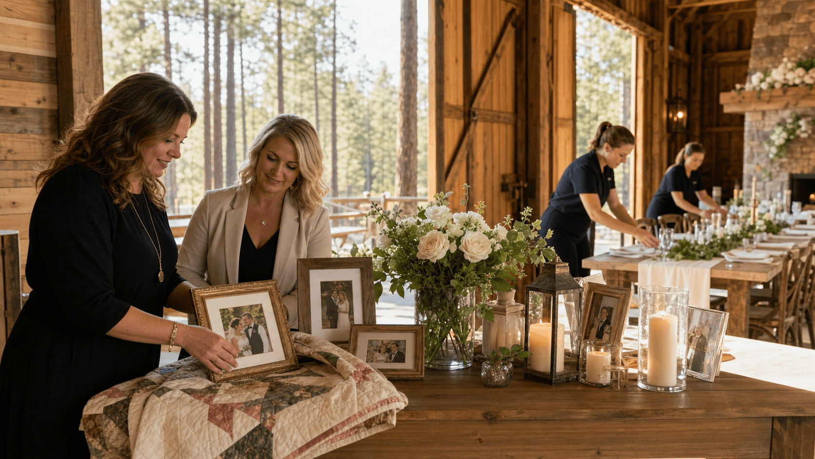 Sunlit rustic barn with string lights, wooden tables, and wildflower bouquets beside a white wedding arch.