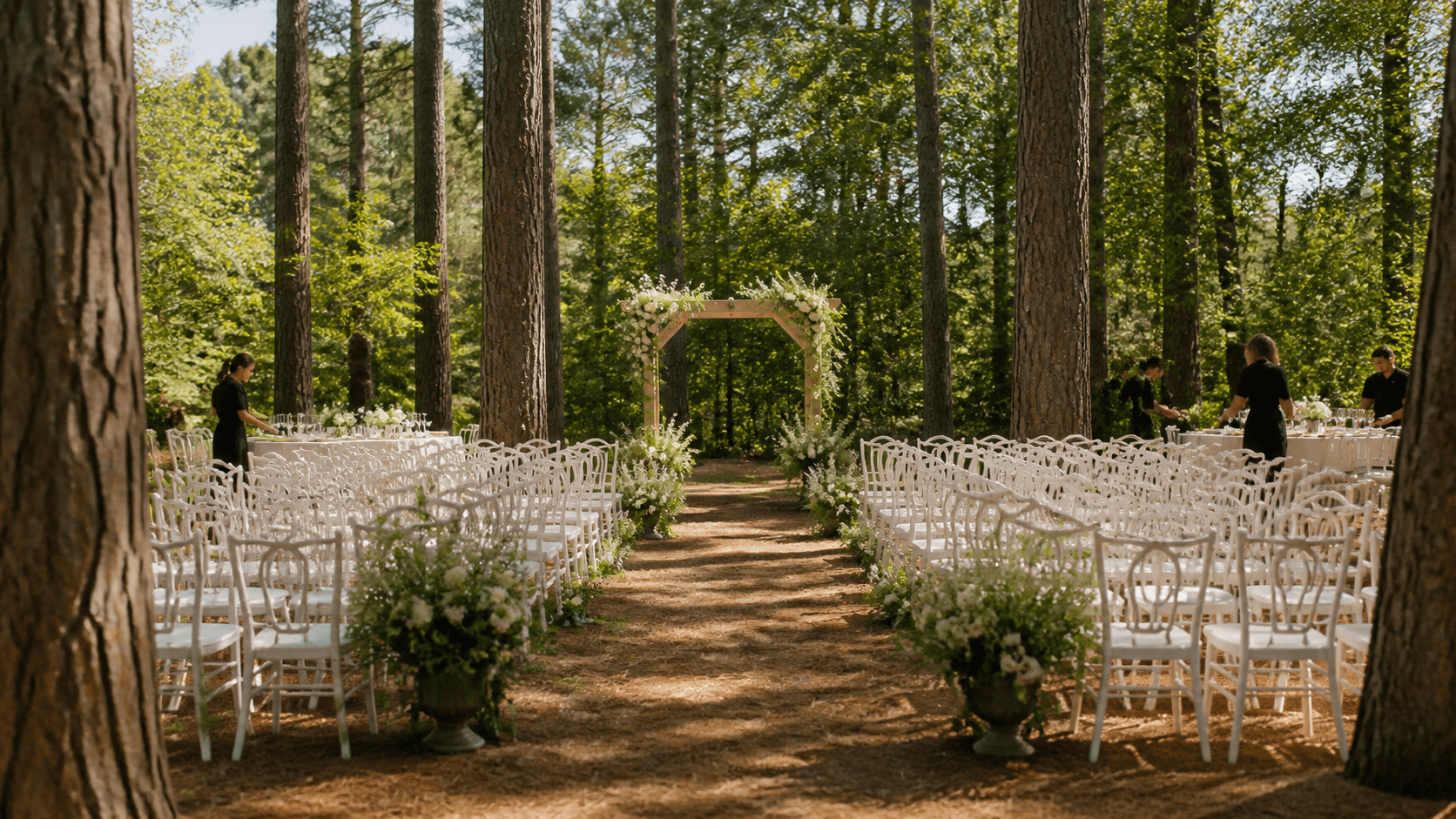 Sunlit forest clearing with wooden ceremony chairs, white florals, and a rustic arch beneath tall green trees