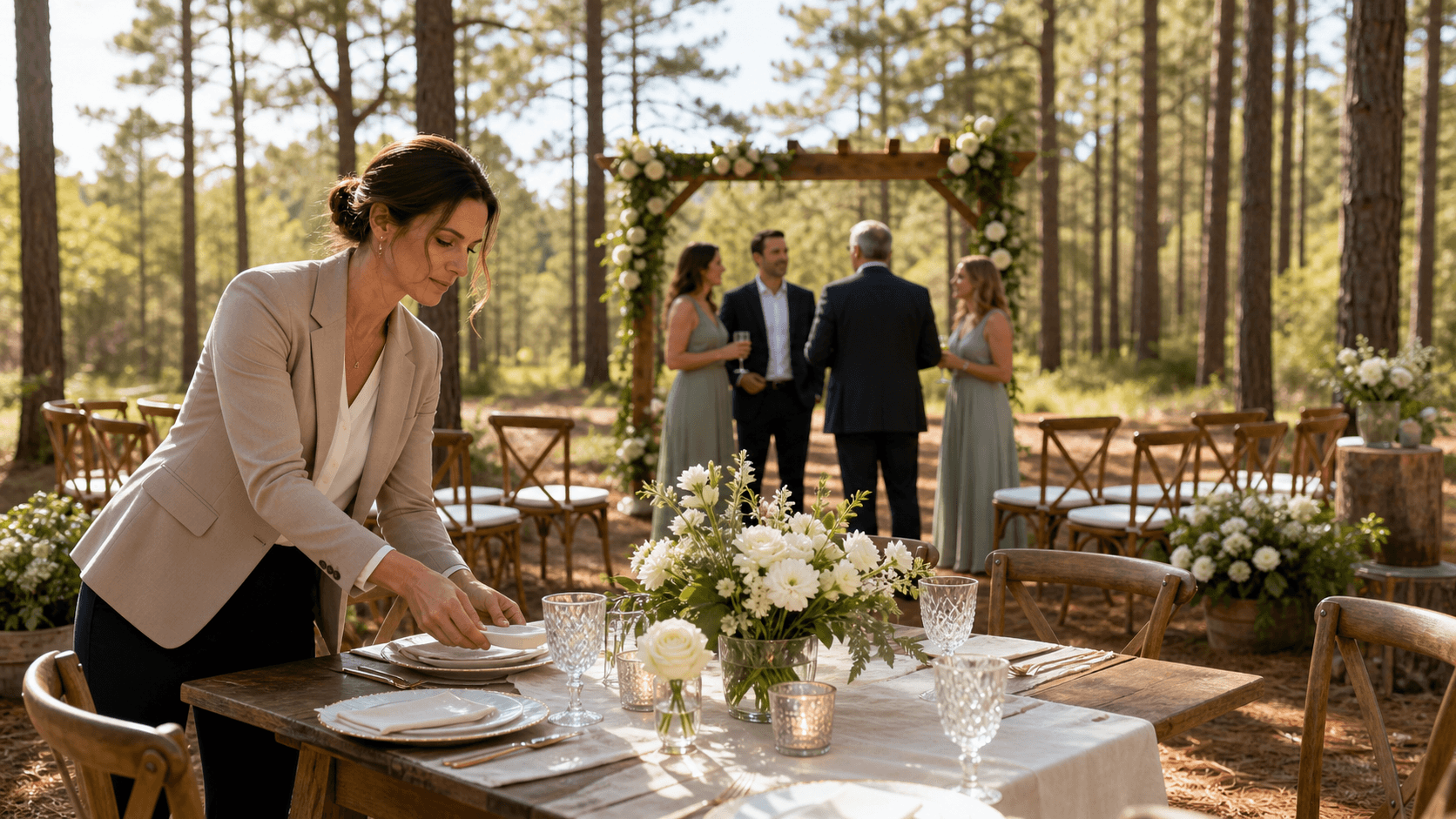 Candlelit wedding table for two with white flowers, soft golden bokeh lights, and greenery in the background.